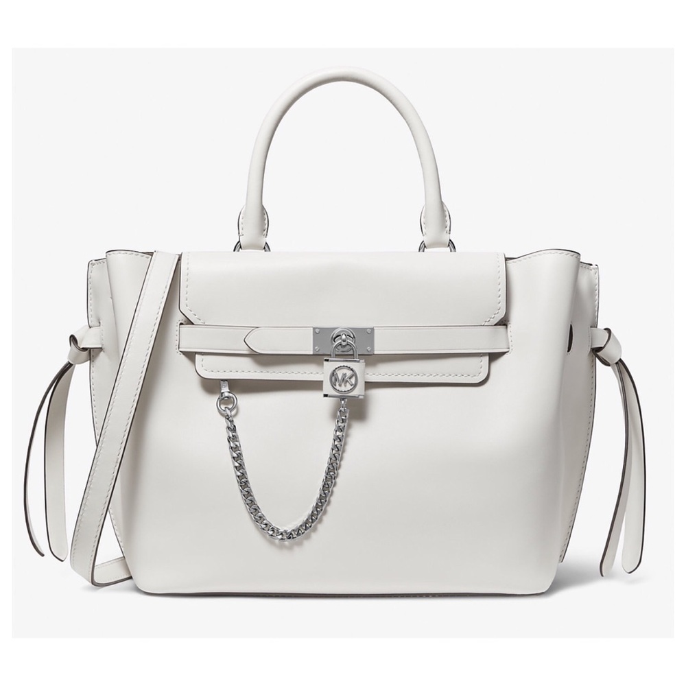 Michael Kors white Hamilton Legacy Large Leather Belted Satchel shoulder strap